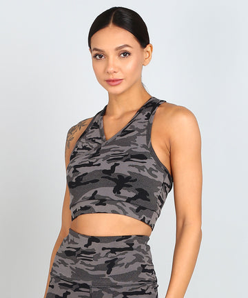 Cross Back Sports Bra – Grey Camouflage